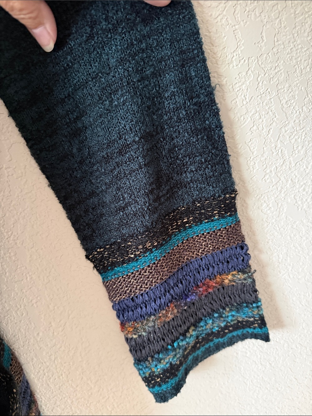 Soft Surroundings Teal Open-Front Cardigan with Multicolor Trim - Picture 3 of 8